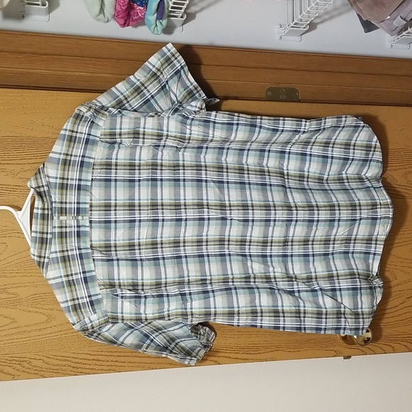 BANANA REPUBLIC MEN'S LARGE SHORT SLEEVE BUTTON DOWN BLUE GREEN PLAID SHIRT - Picture 2 of 7